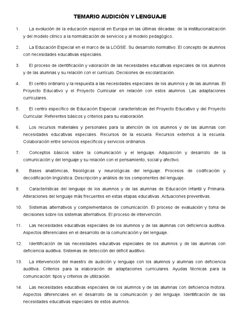 Temario Oposiciones Audición y Lenguaje | PDF | Educación especial ...