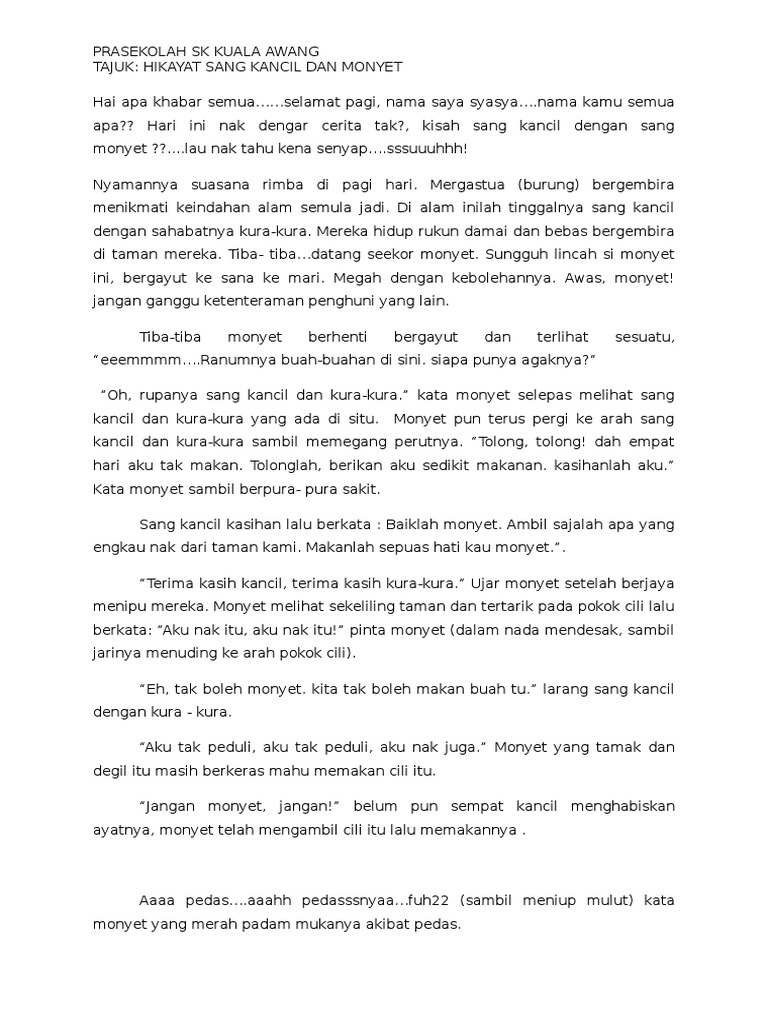 Hikayat Sang Kancil Dan Monyet | PDF