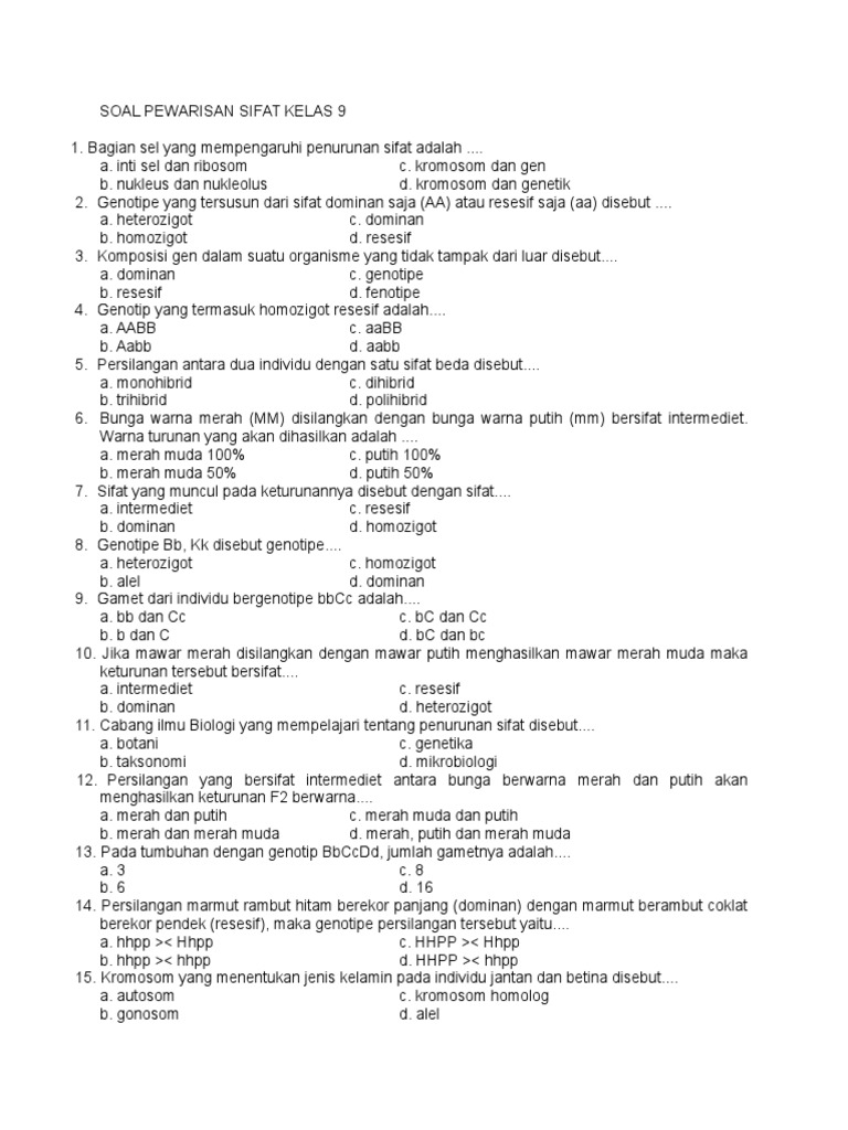 Soal Pewarisan Sifat Kelas 9