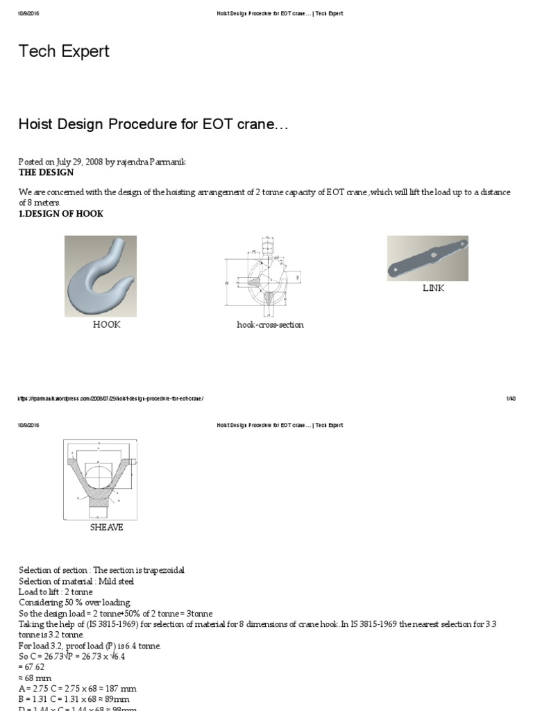 Hoist Design Procedure For EOT Crane Tech Expert PDF Crane