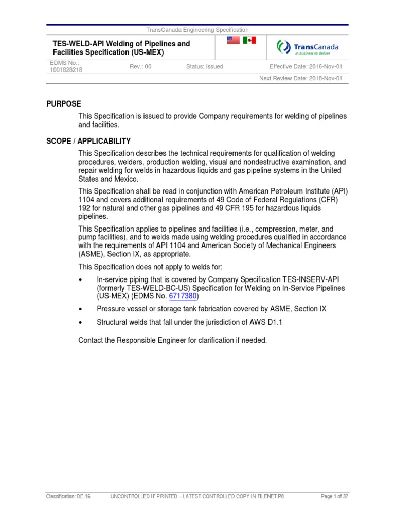 TESWELDAPI Welding of Pipelines and Facilities Specification PDF