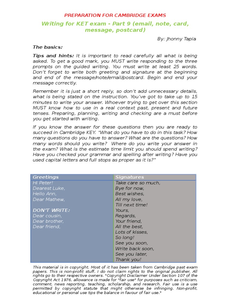 Writing For Cambridge KET and PET Exam | PDF | Fair Use | Copyright Act ...
