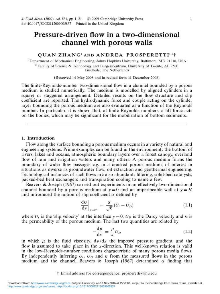 Pressure-Driven Flow in Porous Channels | PDF | Reynolds Number ...
