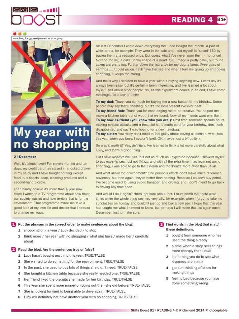 B1 Reading 4 My Year With No Shopping Leisure