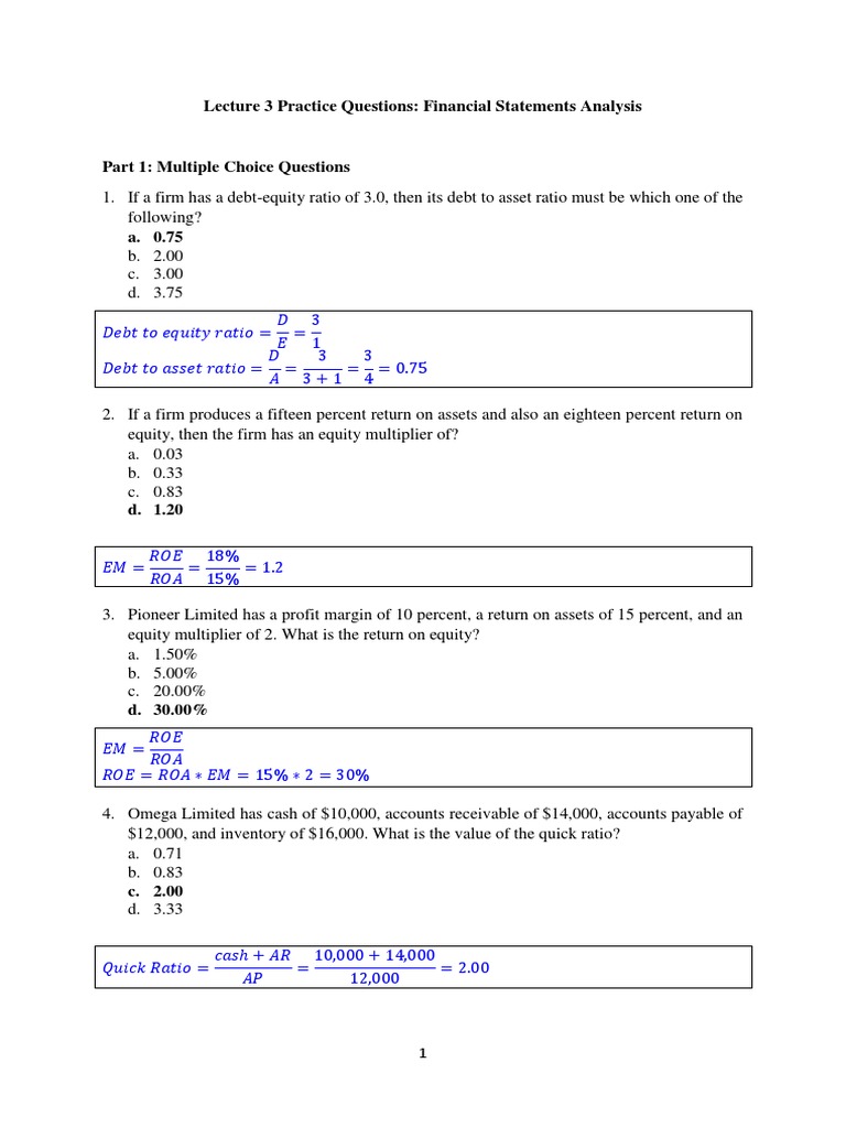AFM Lecture 03 Practice Questions Solutions PDF Balance Sheet