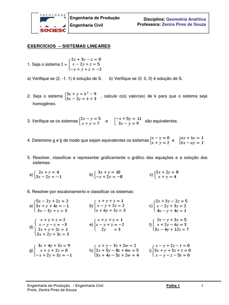 Exercícios de Sistemas Lineares | PDF | Álgebra | Ensino de Matemática