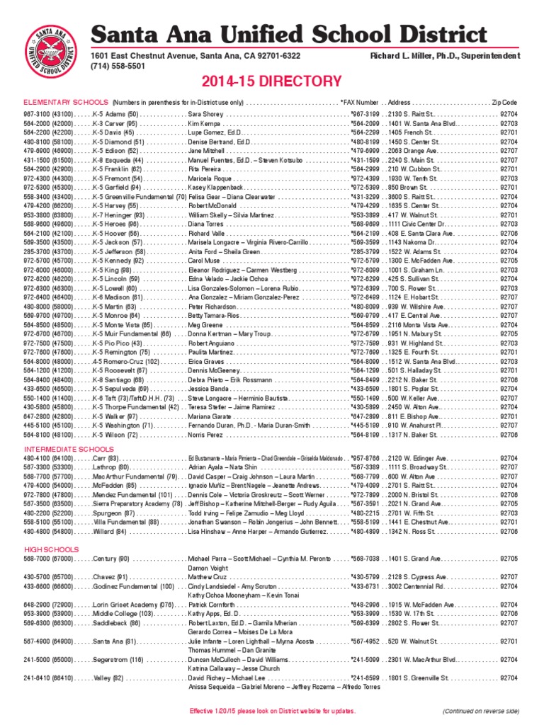 Santa Ana Unified School District 201415 DIRECTORY PDF