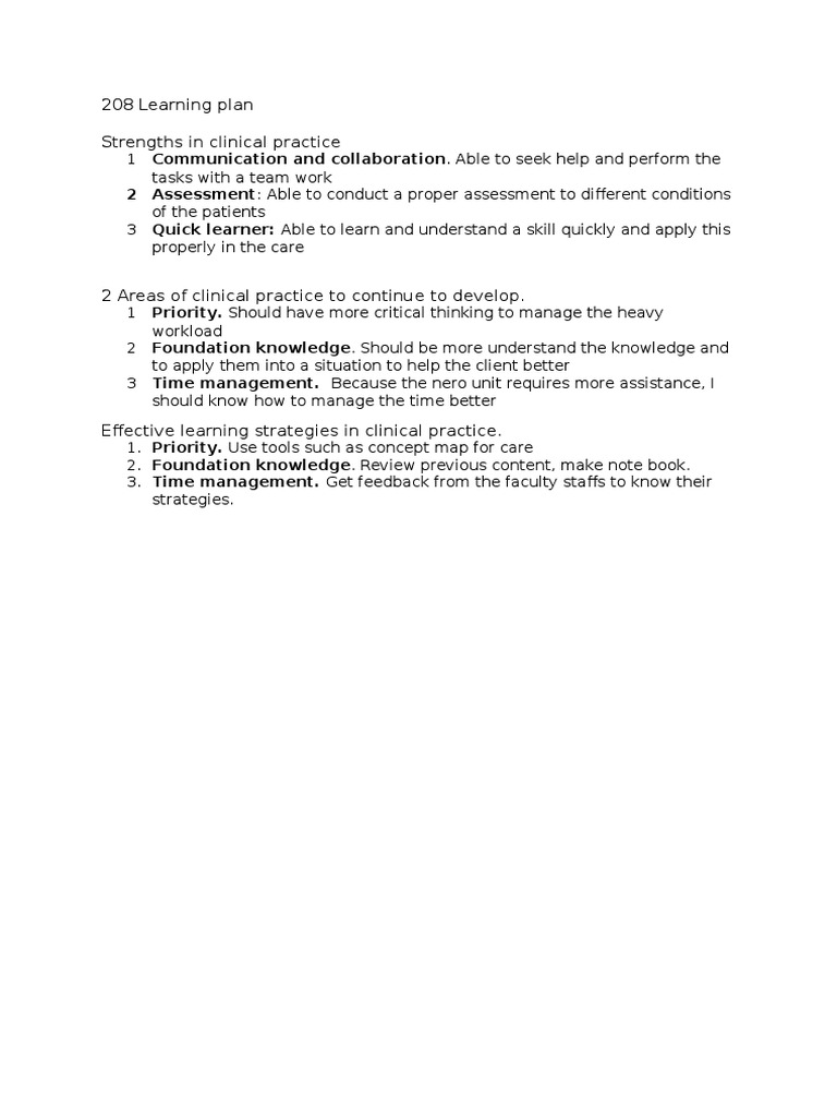 Clinical Practice Learning Plan Overview | PDF