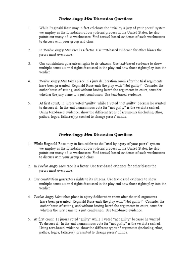 Discussion Questions for Twelve Angry Men | PDF | Verdict | Government ...