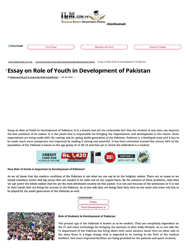 The Role of Youth in Development of Pakistan Essay | PDF