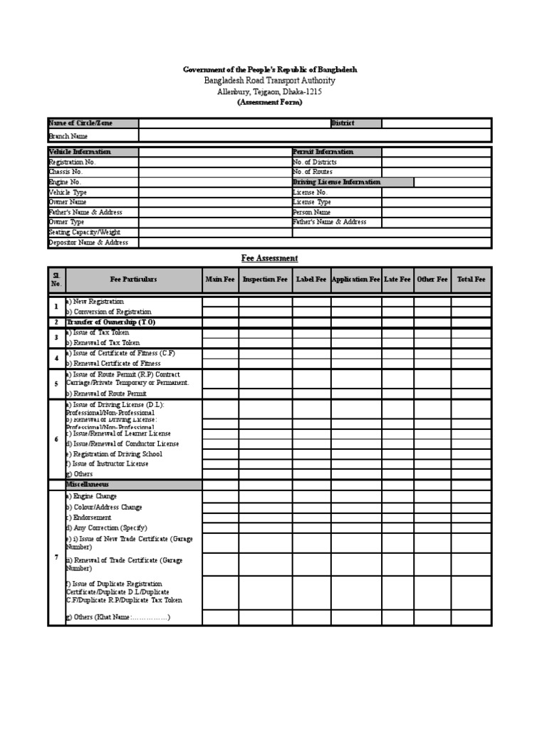 Assessment Form of BRTA (Registration, Fitness, Taxtoken, Modification Etc) Driver's License