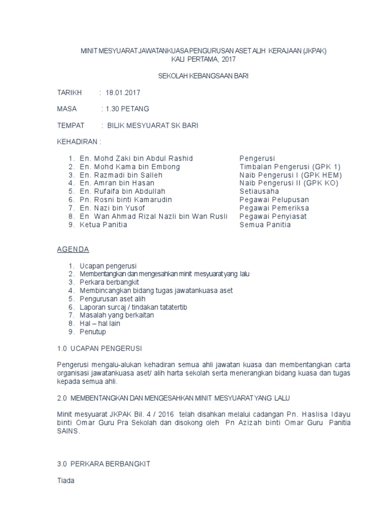Minit Mesyuarat Jawatankuasa Aset Kerajaan