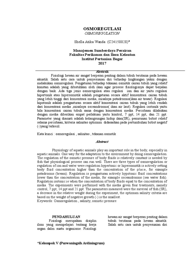 Laporan Praktikum Fisiologi Hewan Air Osmoregulasi Laporan Praktikum Fisiologi Hewan Air Osmoregulasi