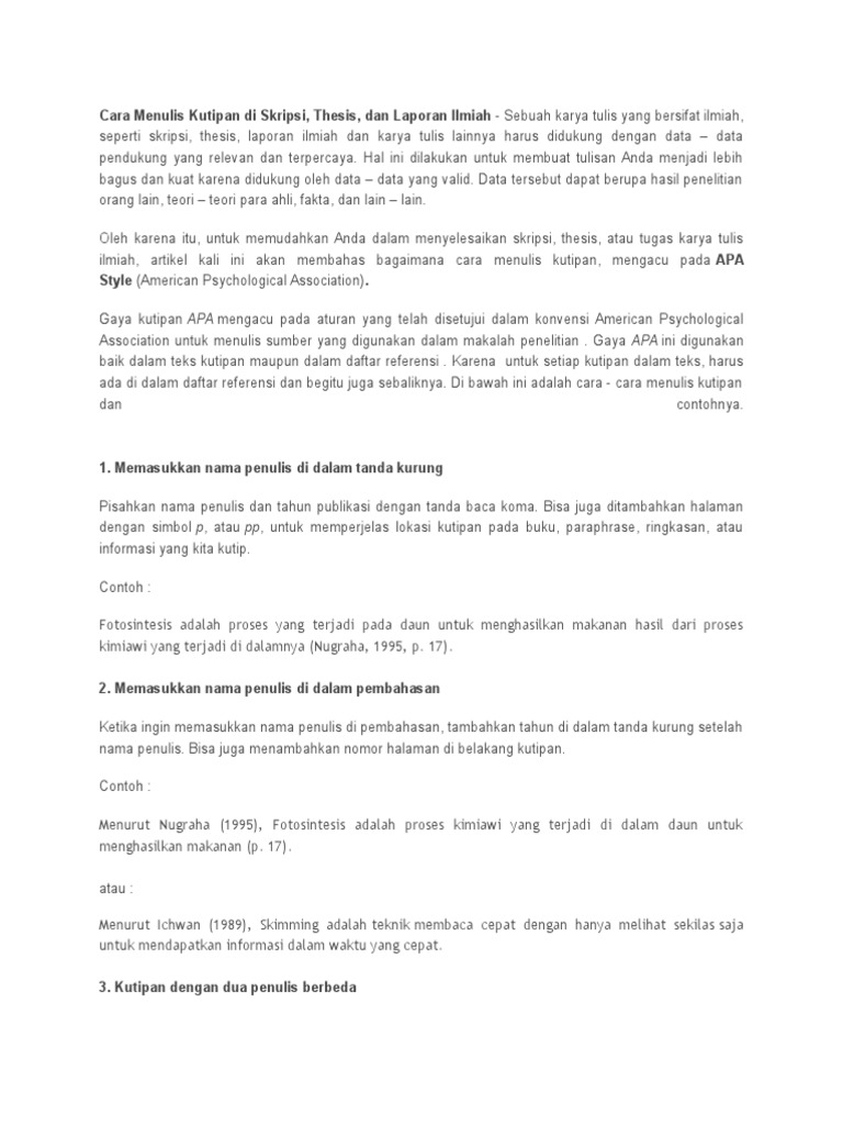 Cara Menulis Kutipan Di Skripsi