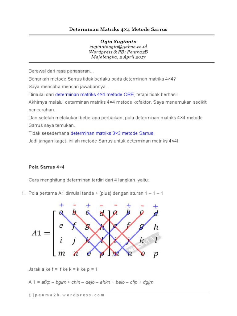 Determinan Matriks 4X4 Metode Ekspansi Kofaktor Contoh