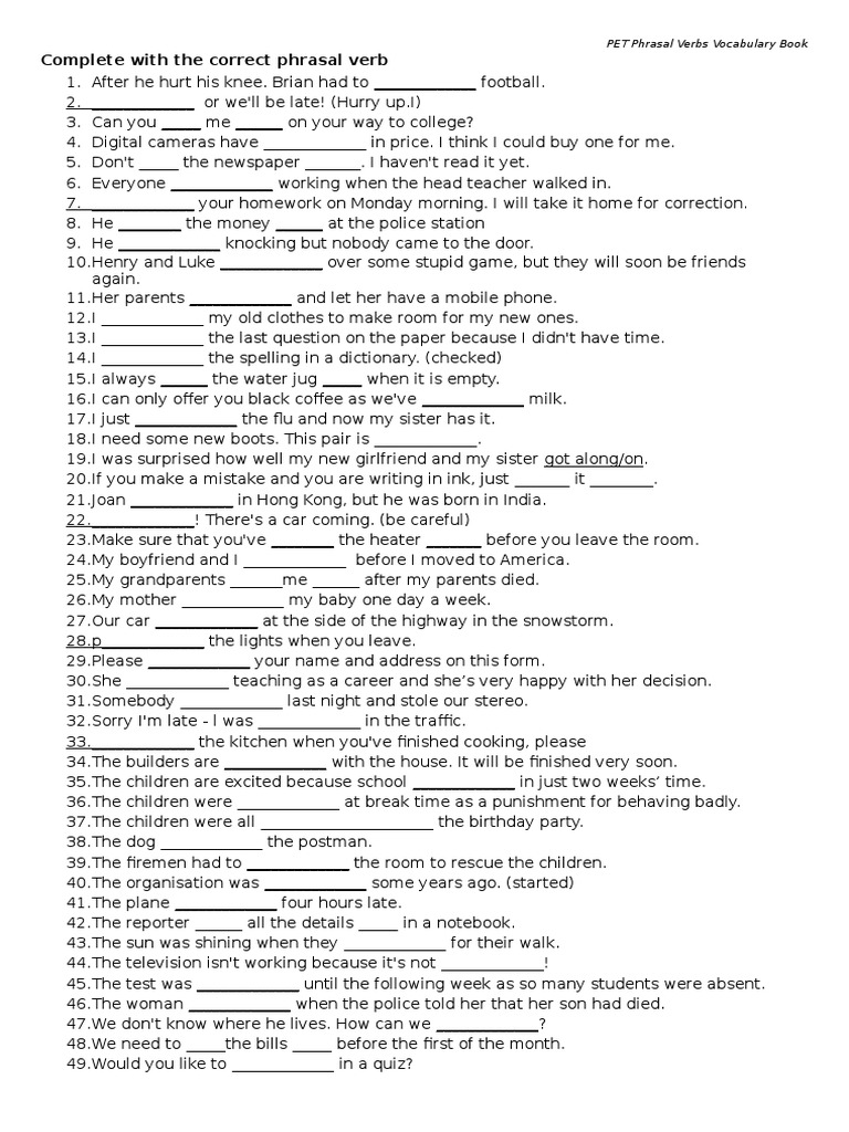 pet phrasal verbs worksheet