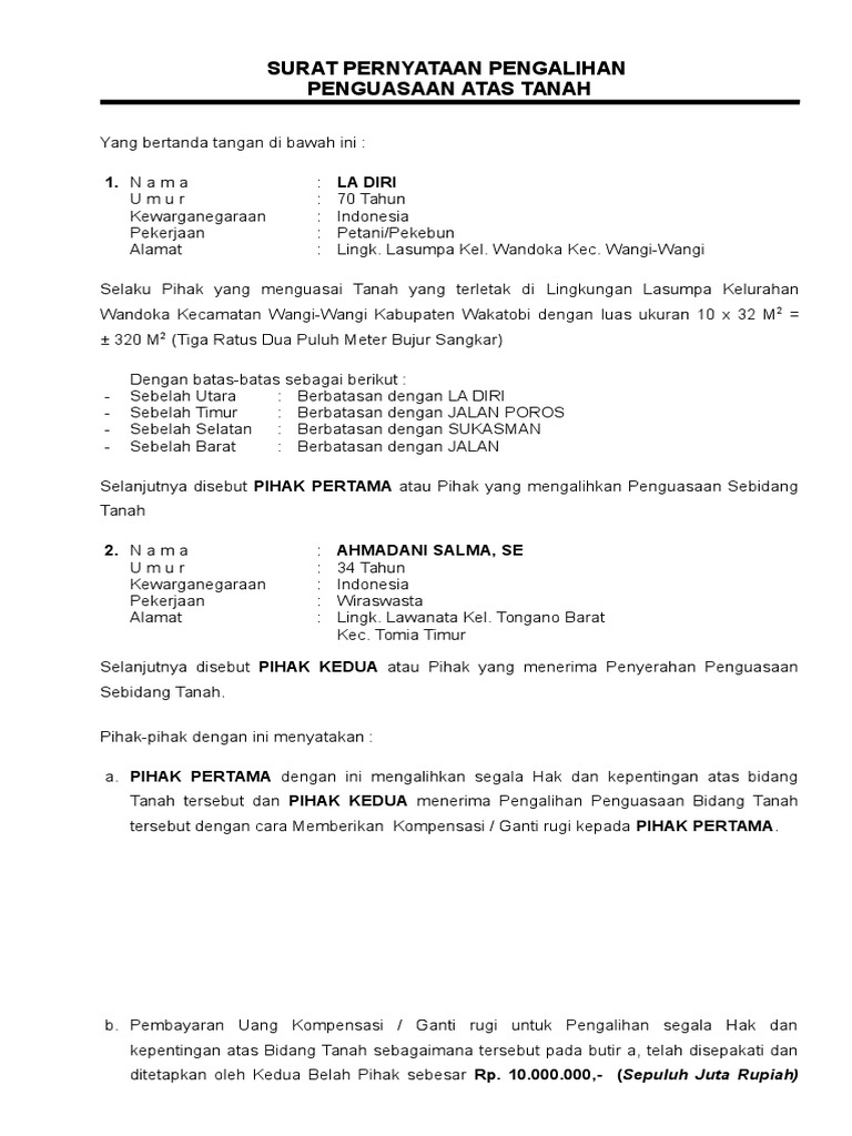 Surat Pernyataan Pengalihan Penguasaan Atas Tanah Wandoka 2017