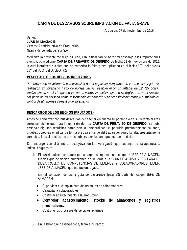 Carta de Descargos Sobre Imputacion de Falta Grave | PDF | Almacén |  Derecho laboral