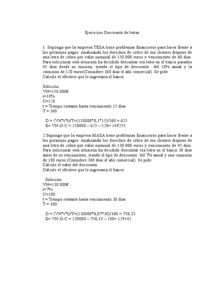 Ejercicios de Descuento de Letras | PDF | Finanzas y dinero | Métodos y ...