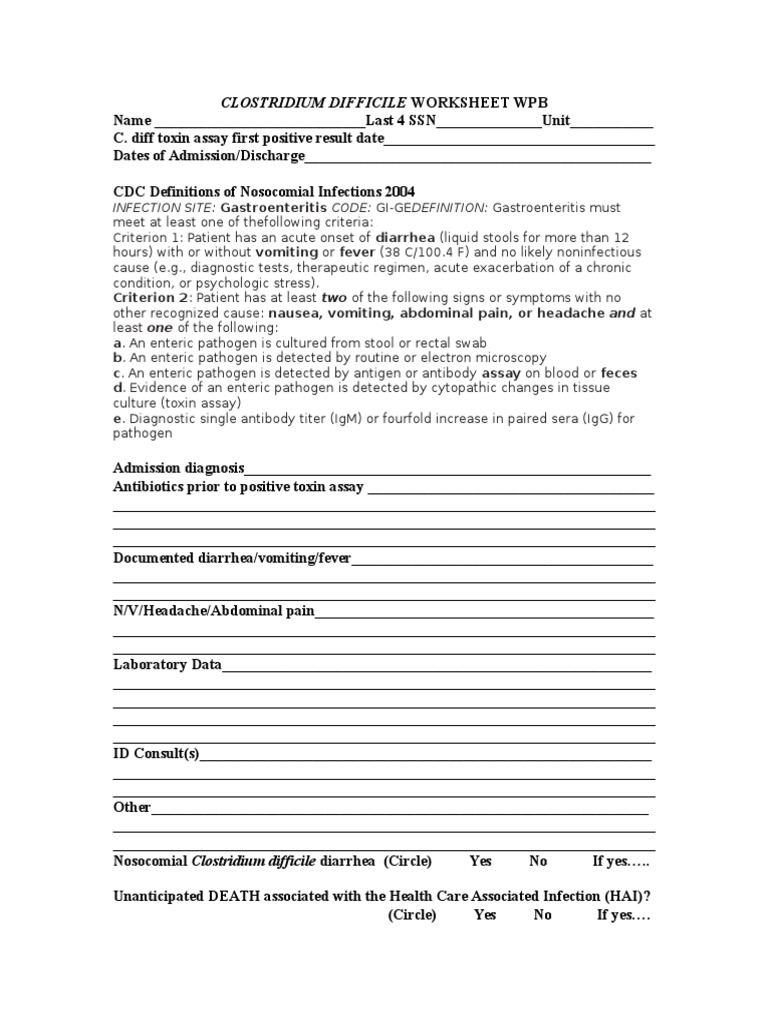 Clostridium Difficile Worksheet WPB: INFECTION SITE: Gastroenteritis ...