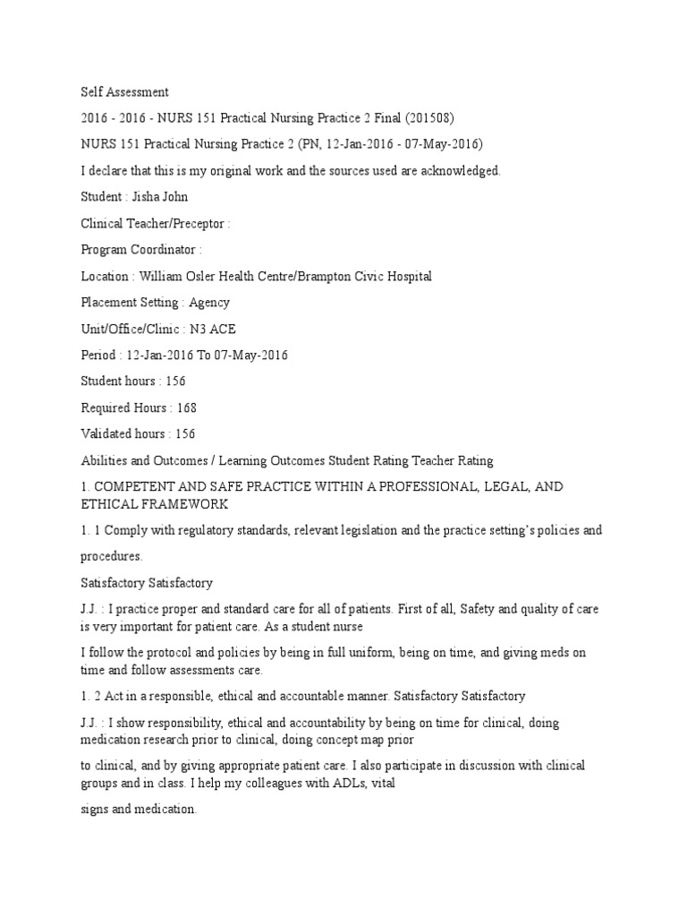 self assessment | Nursing | Patient