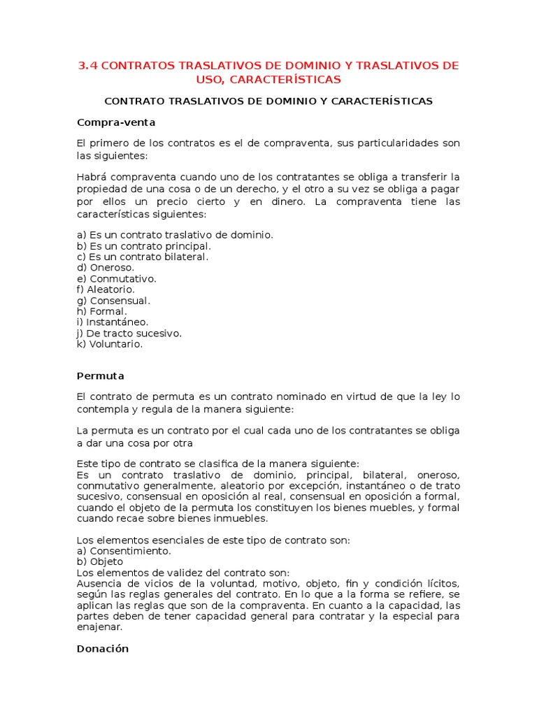 3.4 Contratos Traslativos de Dominio y Traslativos de Uso