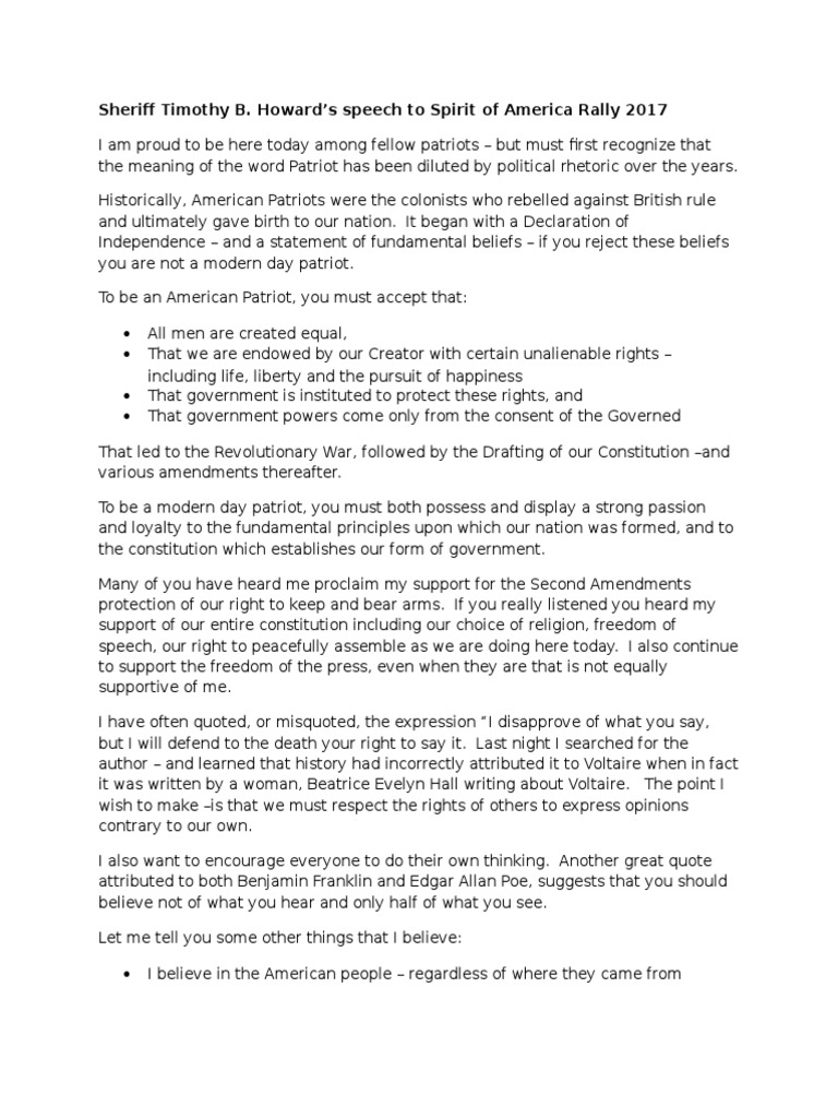 Sheriff Timothy B Howard s Speech at the Spirit of America Rally 2017 Natural And Legal Rights