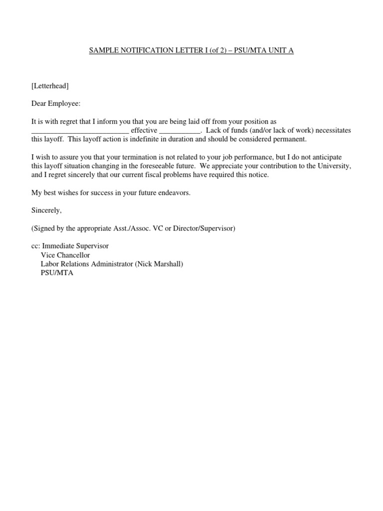 Sample Notification Letters For Employee Layoffs Pdf Layoff