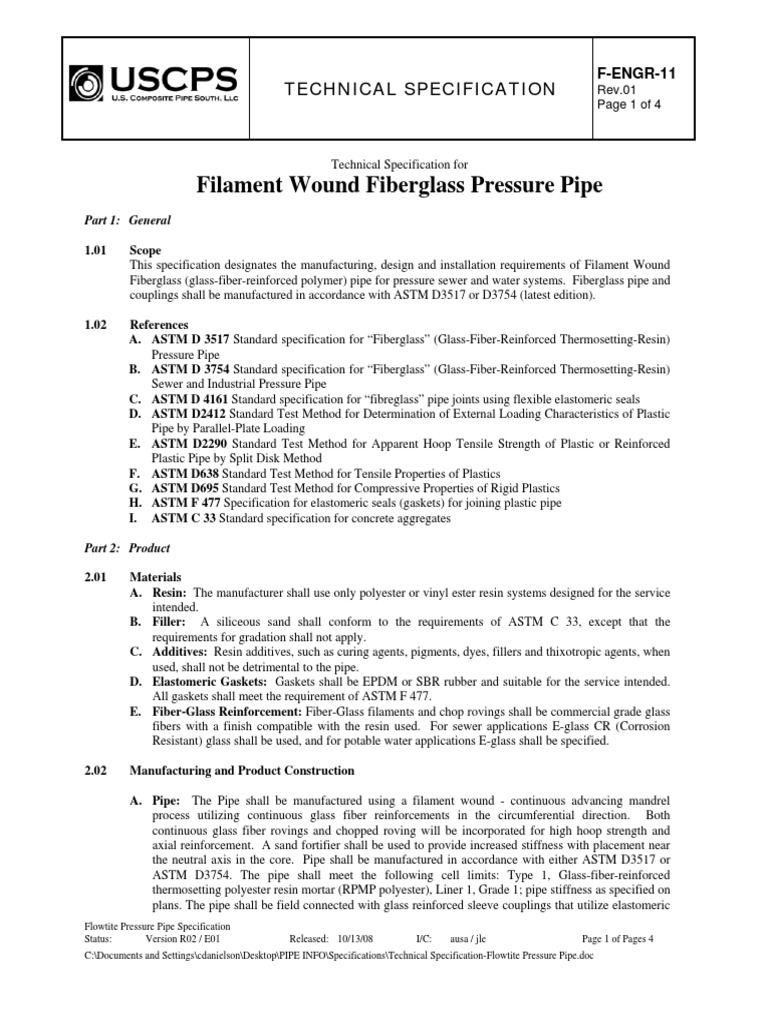 Typical Specification Fiberglass Pressure Sewer or Water Pipe PDF