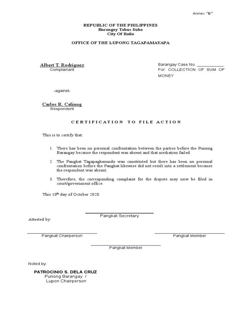 Certificate to File action from the Barangay sample