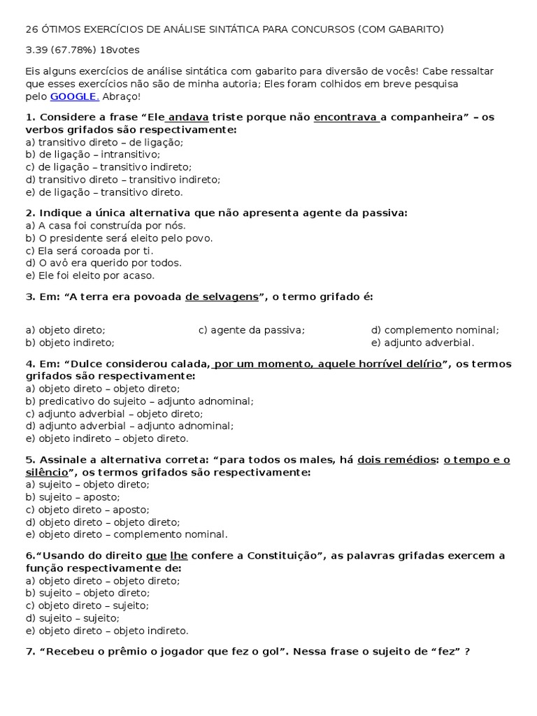 26 ÓTIMOS EXERCÍCIOS DE ANÁLISE SINTÁTICA PARA CONCURSOS.docx ...