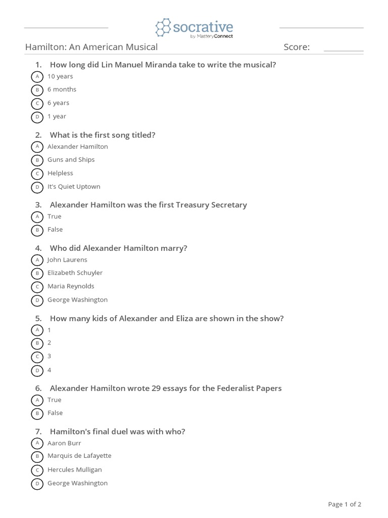 Hamilton Musical Quiz Questions | PDF | History | Classics