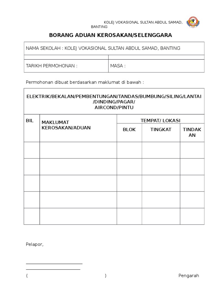 Borang Aduan Kerosakan  PDF