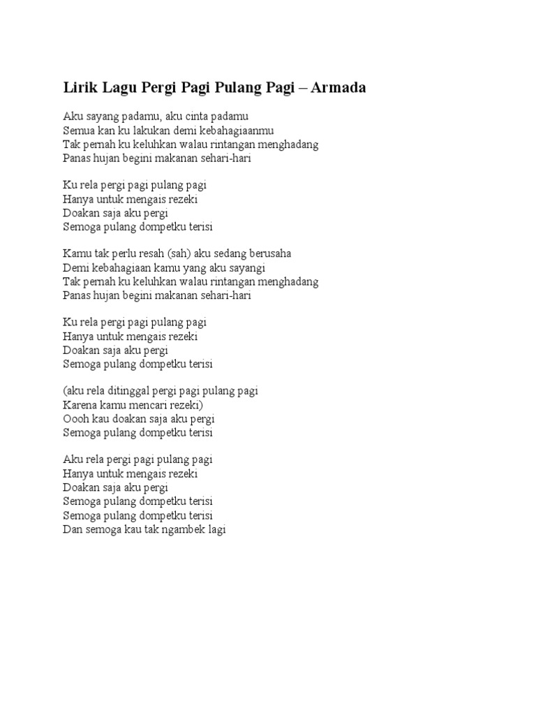 Lirik Lagu Pergi Pagi Pulang Pagi