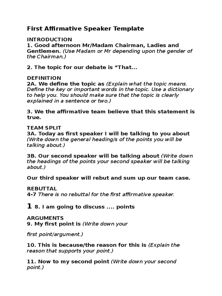 First Affirmative Speaker Template | PDF | Argument | Reason