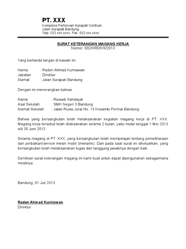 Contoh Surat Keterangan Magang Kerja Dari Perusahaan