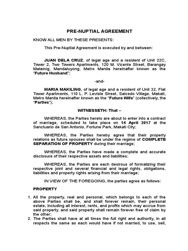 Sample Pre-Nuptial Agreement Philippines | PDF | Indemnity | Civil Law (Legal System) for Free Printable Prenuptial Agreement Form