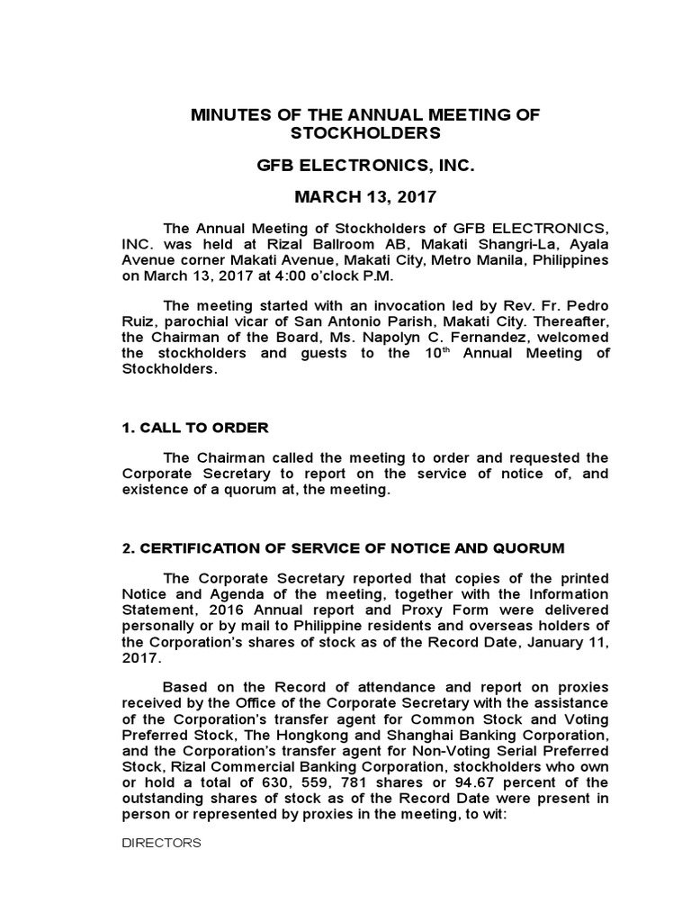 Sample Minutes of Annual Meeting of Shareholders Proxy Voting Stocks