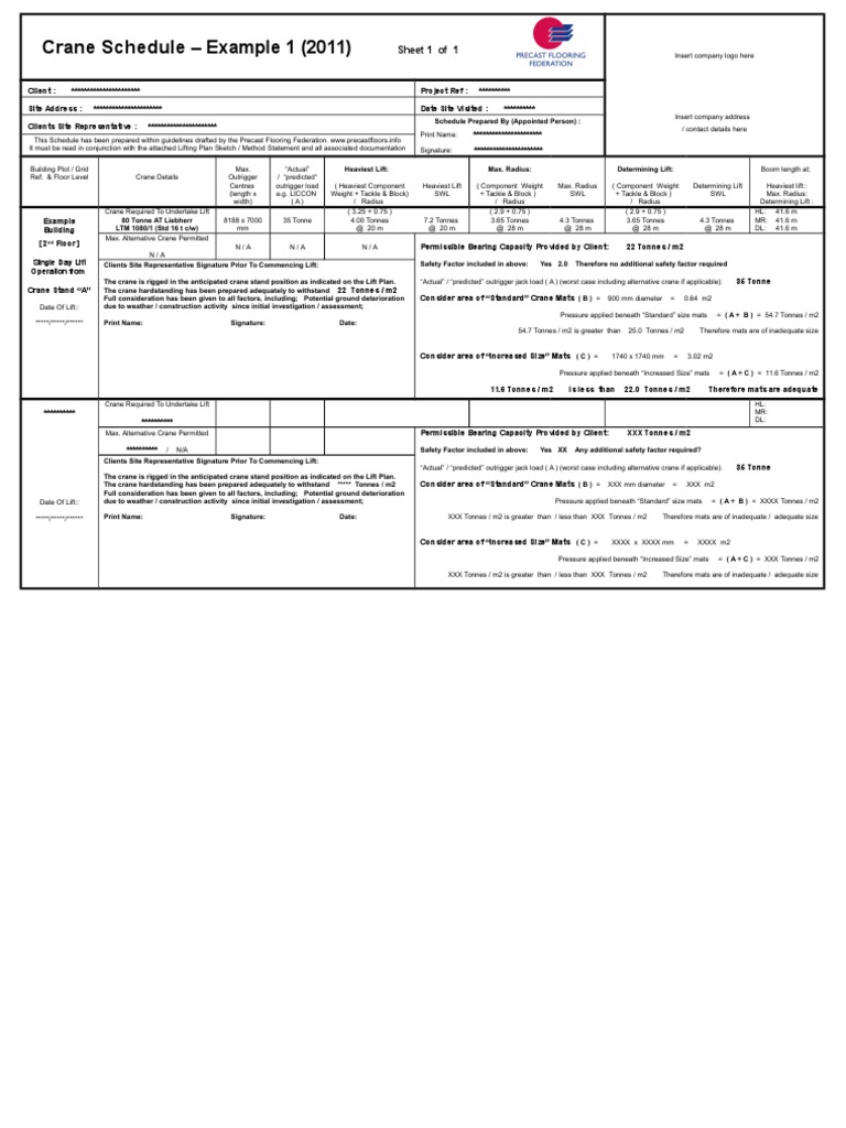 Crane Lift Schedule Example 2011 | PDF | Crane (Machine) | Elevator