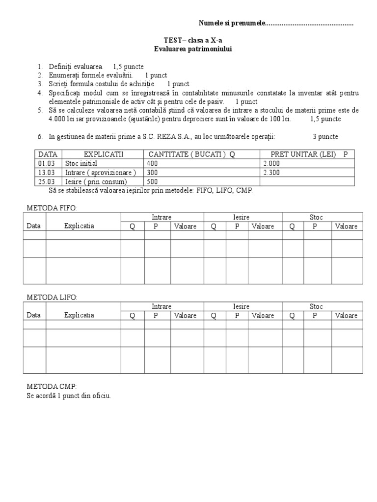 Test de Evaluare LIFO, FIFO | PDF