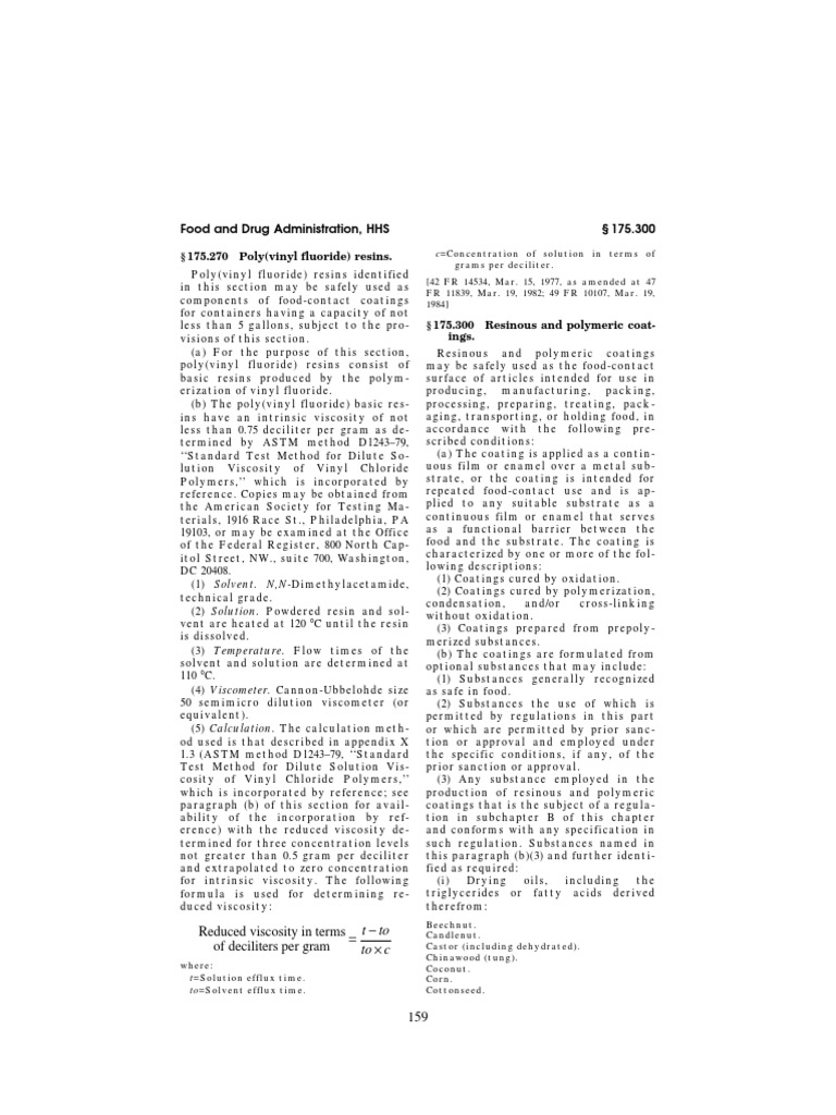 Regulations on Resinous and Polymeric Coatings for Food Contact
