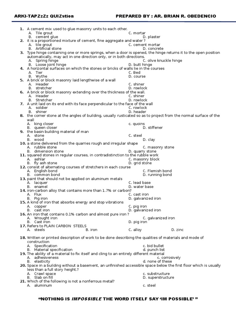 Masonry, Metals, and Materials Quiz PDF Wood Masonry