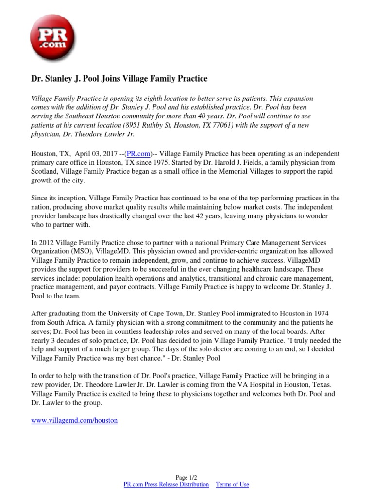 Dr. Stanley J. Pool Joins Village Family Practice 