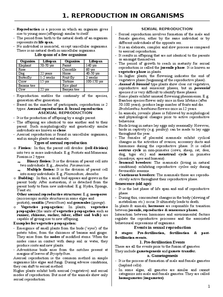 Reproduction Types and Lifespan in Organisms | PDF | Fertilisation | Ploidy