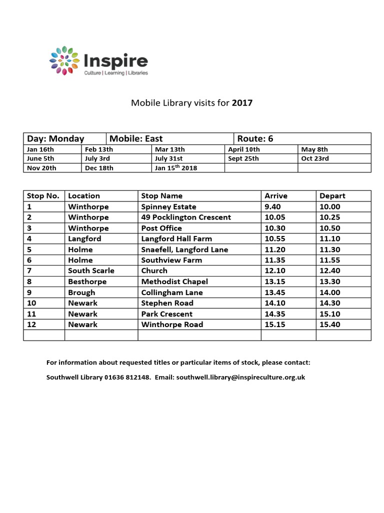 Mobile Library Timetable 2017 PDF