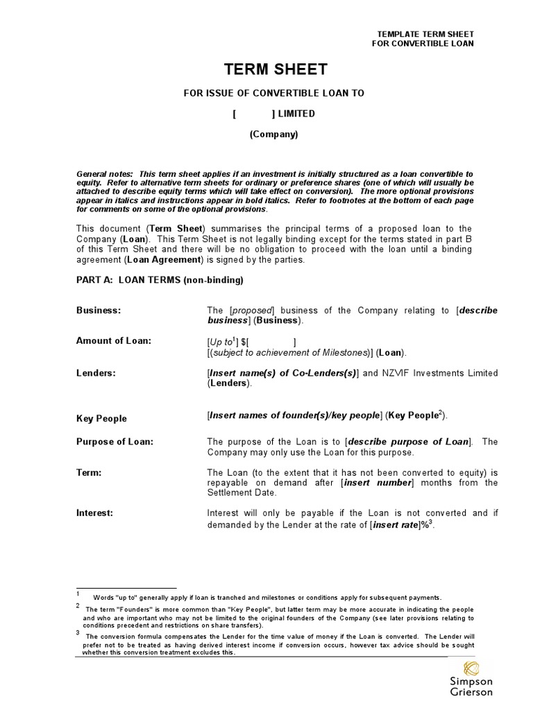 Convertible Loan Term Sheet  PDF  Financial Transaction  Loans For convertible loan agreement template