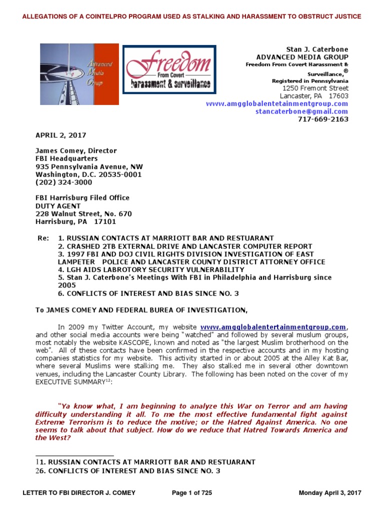 Letter To James Comey, Director of FBI Re Russian Contacts at Marriott Bar and Restuarant April 3, 2017 Final PDF James Comey Federal Bureau Of Investigation picture