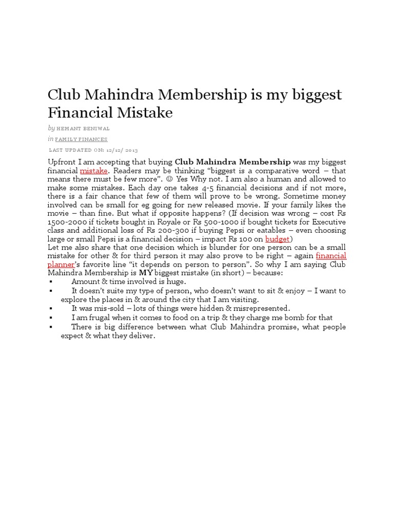Club Mahindra Membership Is My Biggest Financial Mistake PDF Fee