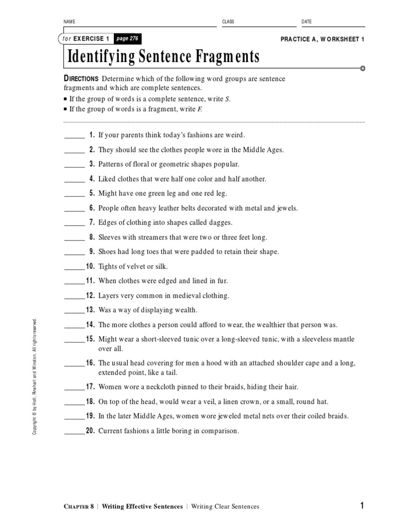 Identifying Sentence Fragments Exercise 1 Page 276 Answers Exercisewalls