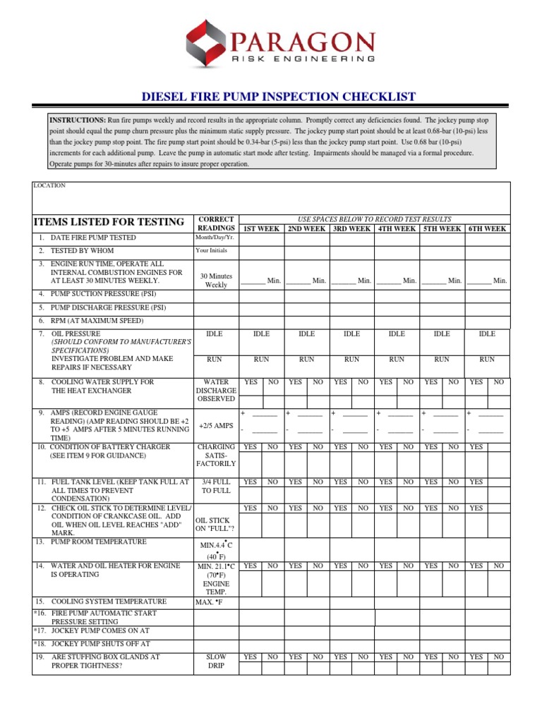 Diesel Fire Pump Inspection Checklist | PDF | Diesel Engine | Pump